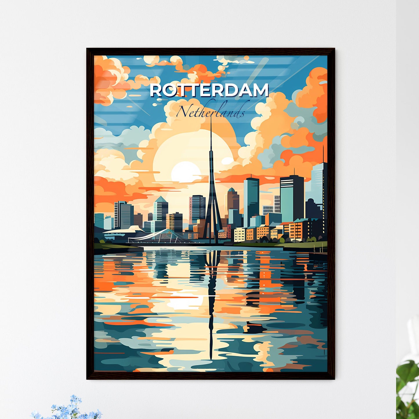 Rotterdam, Netherlands, A Poster of a city skyline with a body of water and a sunset Default Title