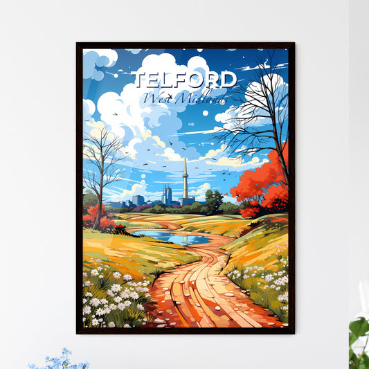Telford, West Midlands, A Poster of a landscape with a river and trees and a tall tower Default Title