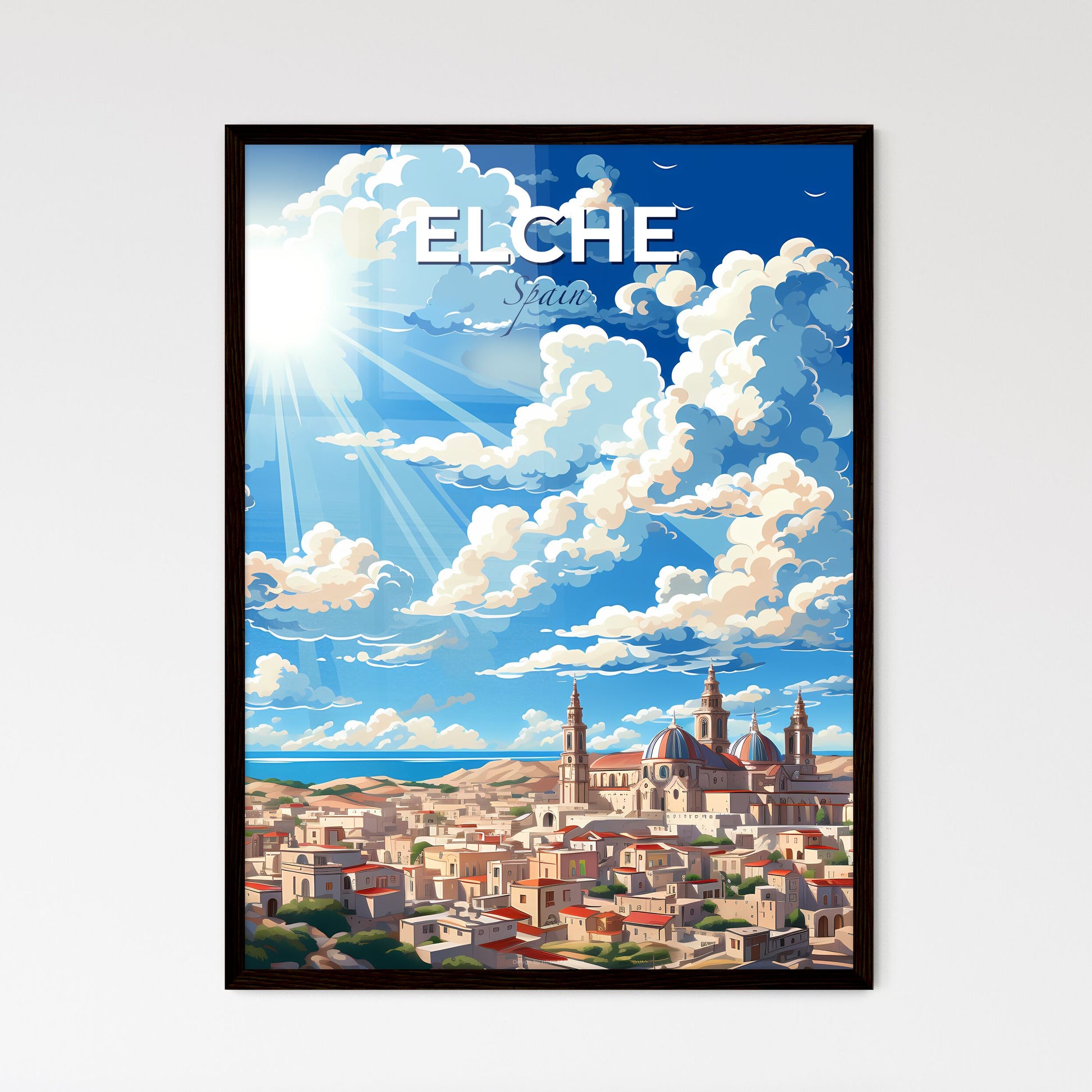 Elche, Spain, A Poster of a city with a building and a blue sky with clouds Default Title