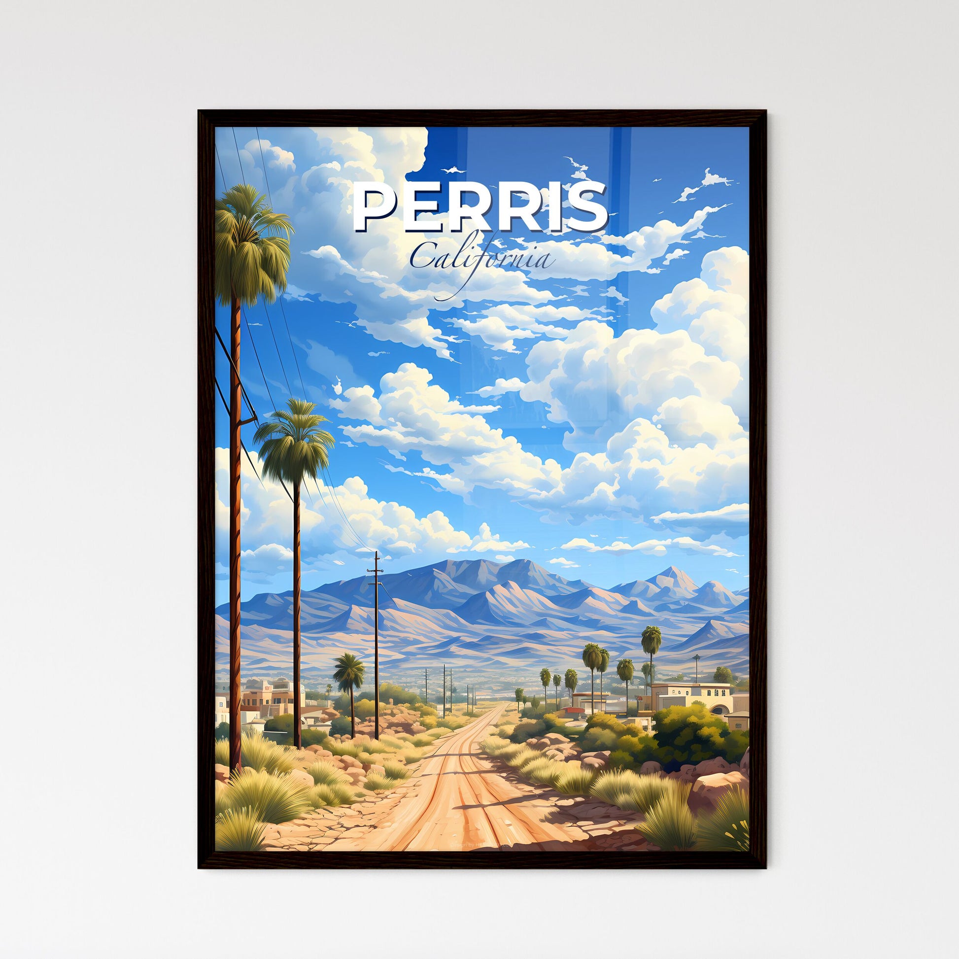 Perris, California, A Poster of a road with palm trees and mountains in the background Default Title