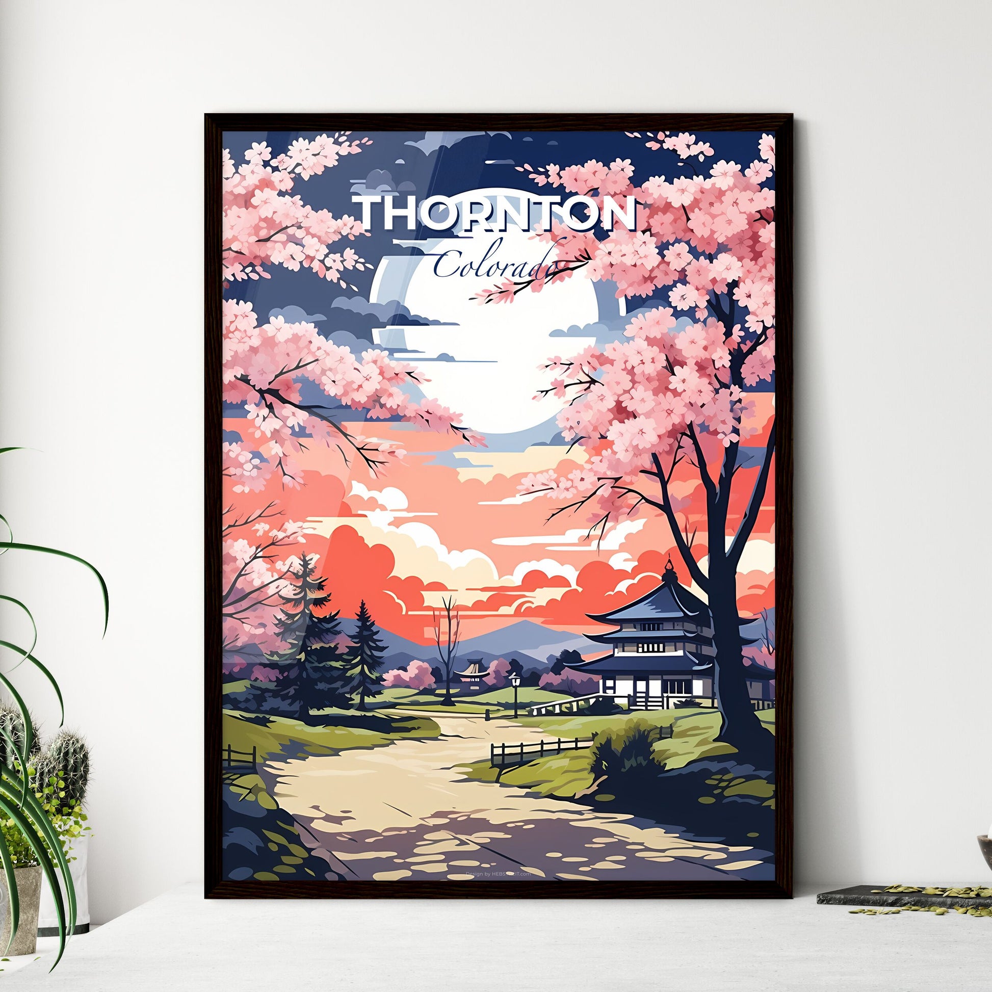 Thornton, Colorado, A Poster of a painting of a japanese garden with a pagoda and trees Default Title