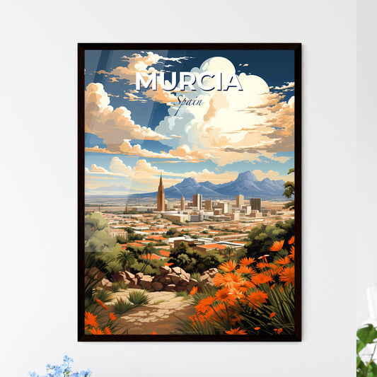 Murcia, Spain, A Poster of a landscape of a city with orange flowers and mountains Default Title