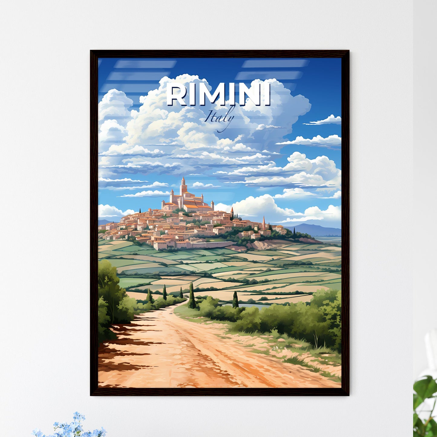 Rimini, Italy, A Poster of a dirt road leading to a town on a hill Default Title