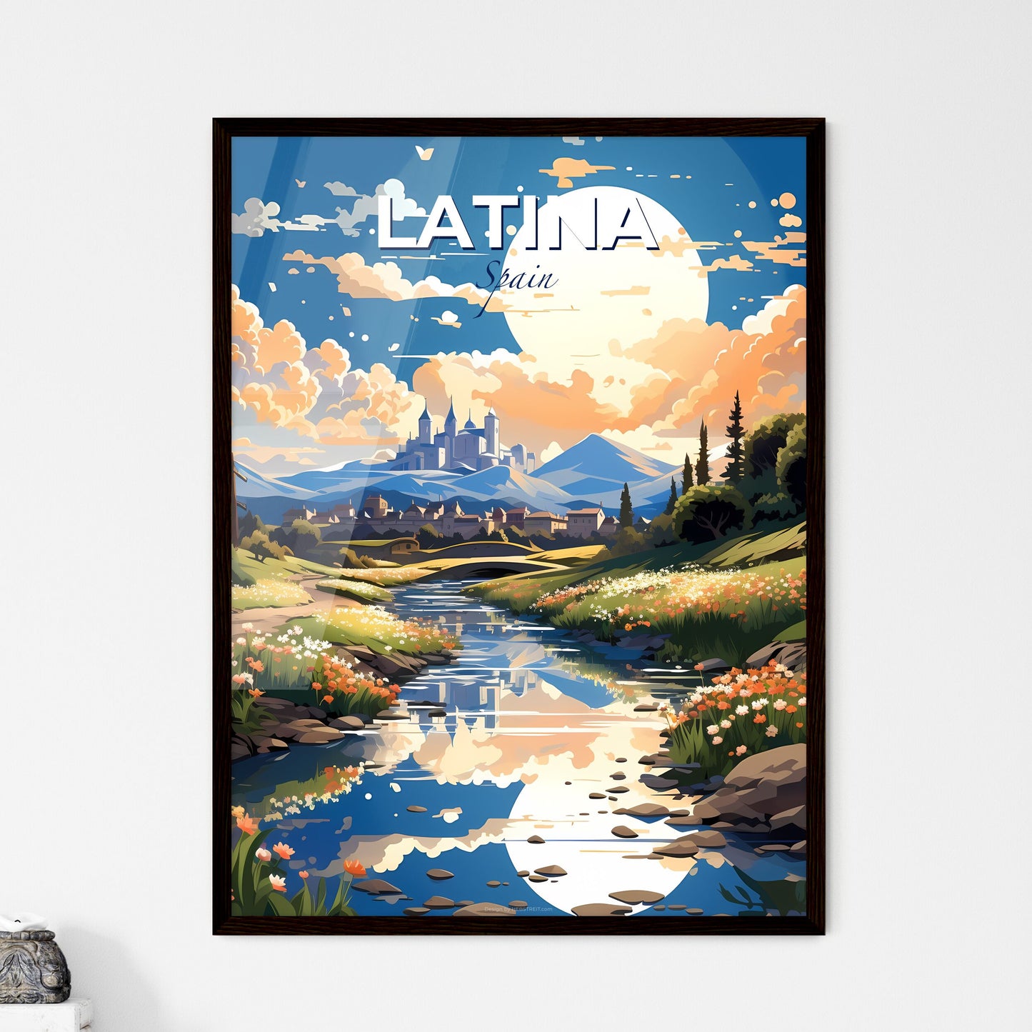 Latina, Spain, A Poster of a river running through a valley with flowers and a castle in the background Default Title