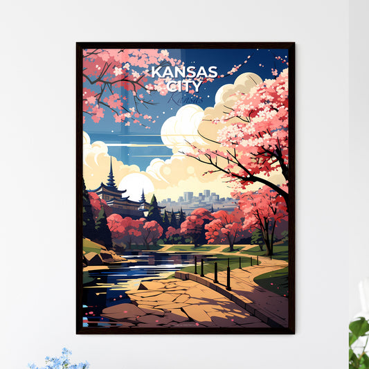 Kansas City, Kansas, A Poster of a river running through a park with pink trees and a building in the background Default Title