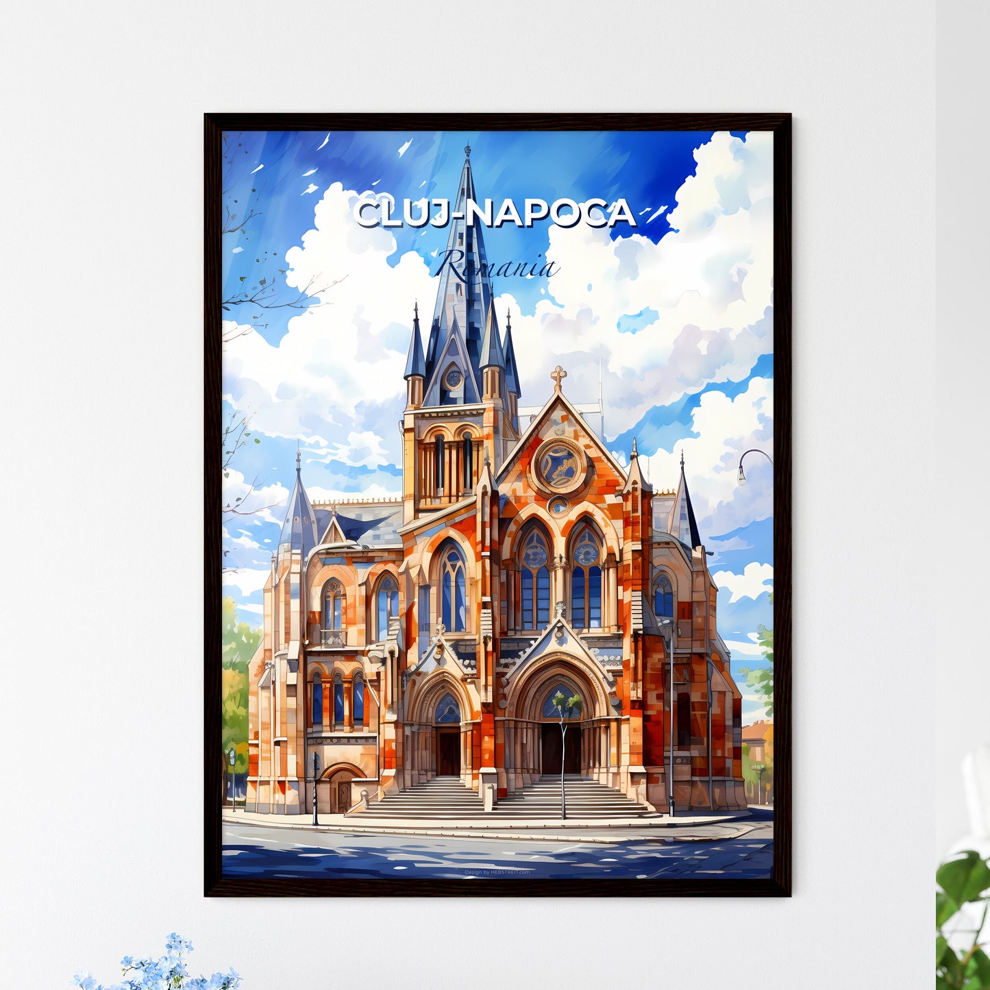 Cluj-Napoca, Romania, A Poster of a building with a steeple and a blue sky with clouds Default Title