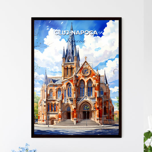 Cluj-Napoca, Romania, A Poster of a building with a steeple and a blue sky with clouds Default Title