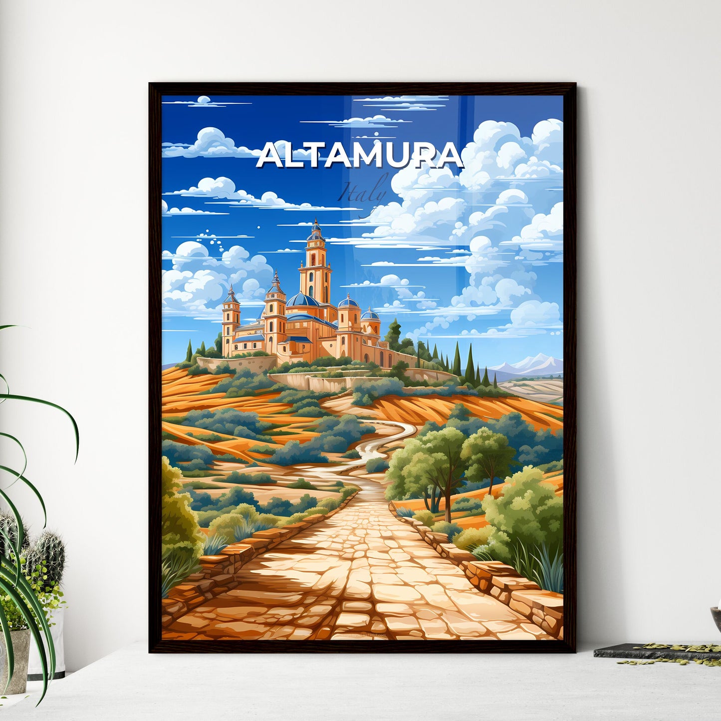Altamura, Italy, A Poster of a stone path leading to a castle on a hill Default Title