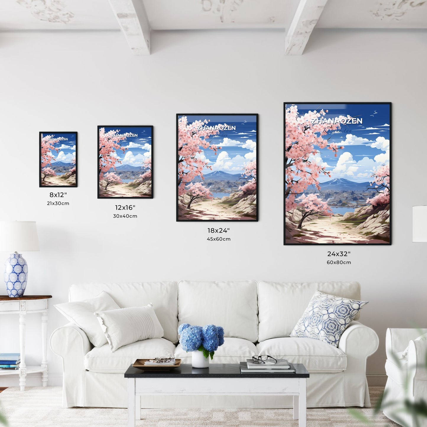 Zhanaozen, Kazakhstan, A Poster of a landscape with pink flowers and a mountain in the background Default Title