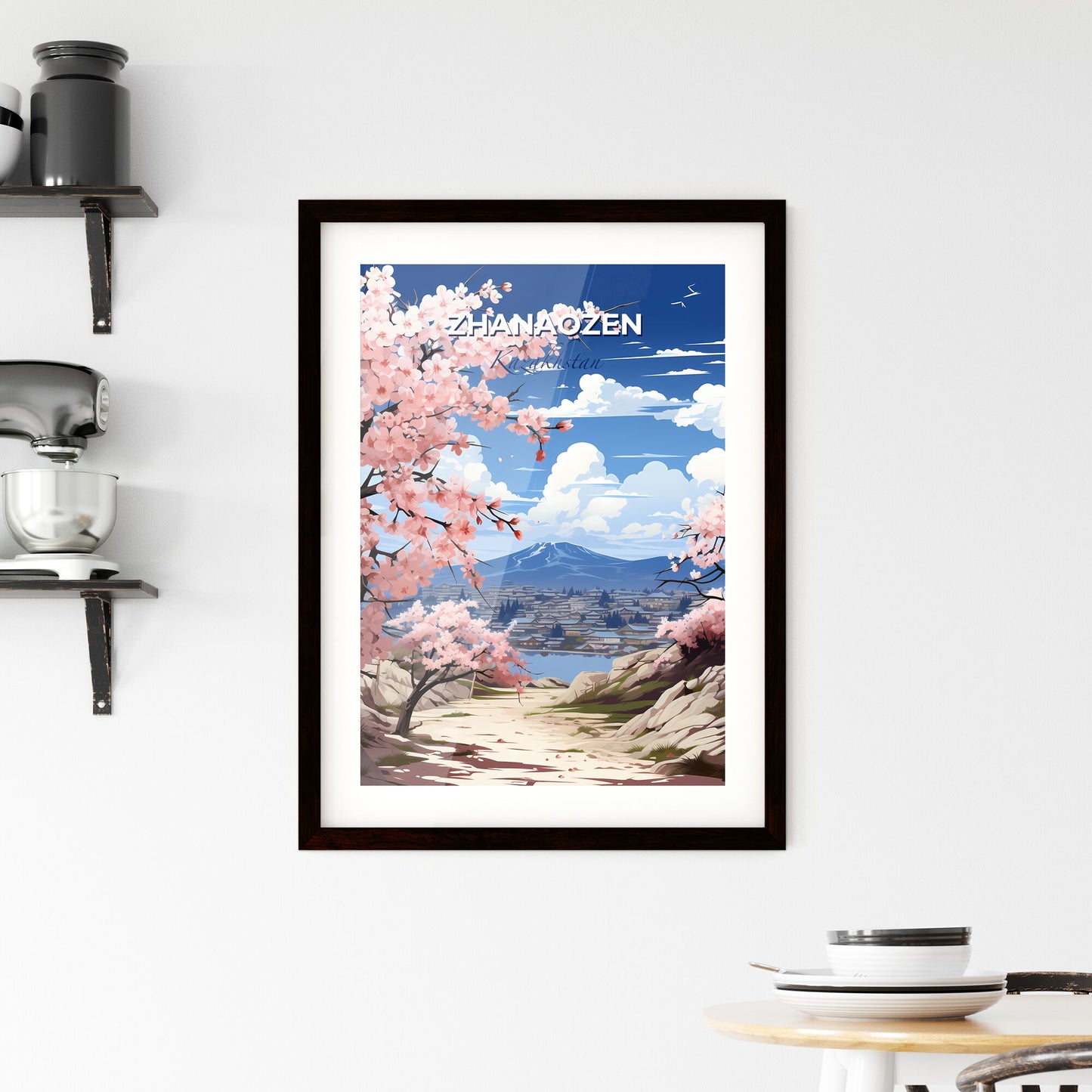 Zhanaozen, Kazakhstan, A Poster of a landscape with pink flowers and a mountain in the background Default Title