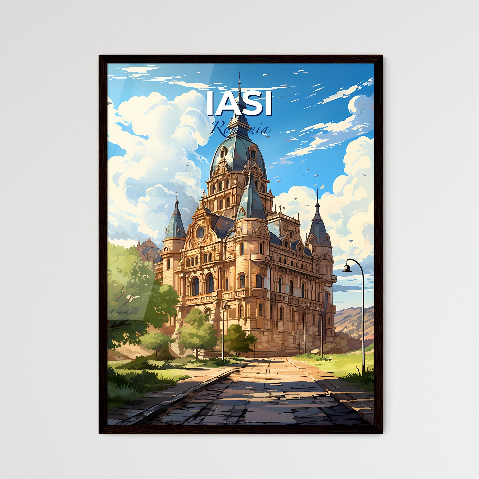 Iasi, Romania, A Poster of a large stone building with a steeple and trees Default Title