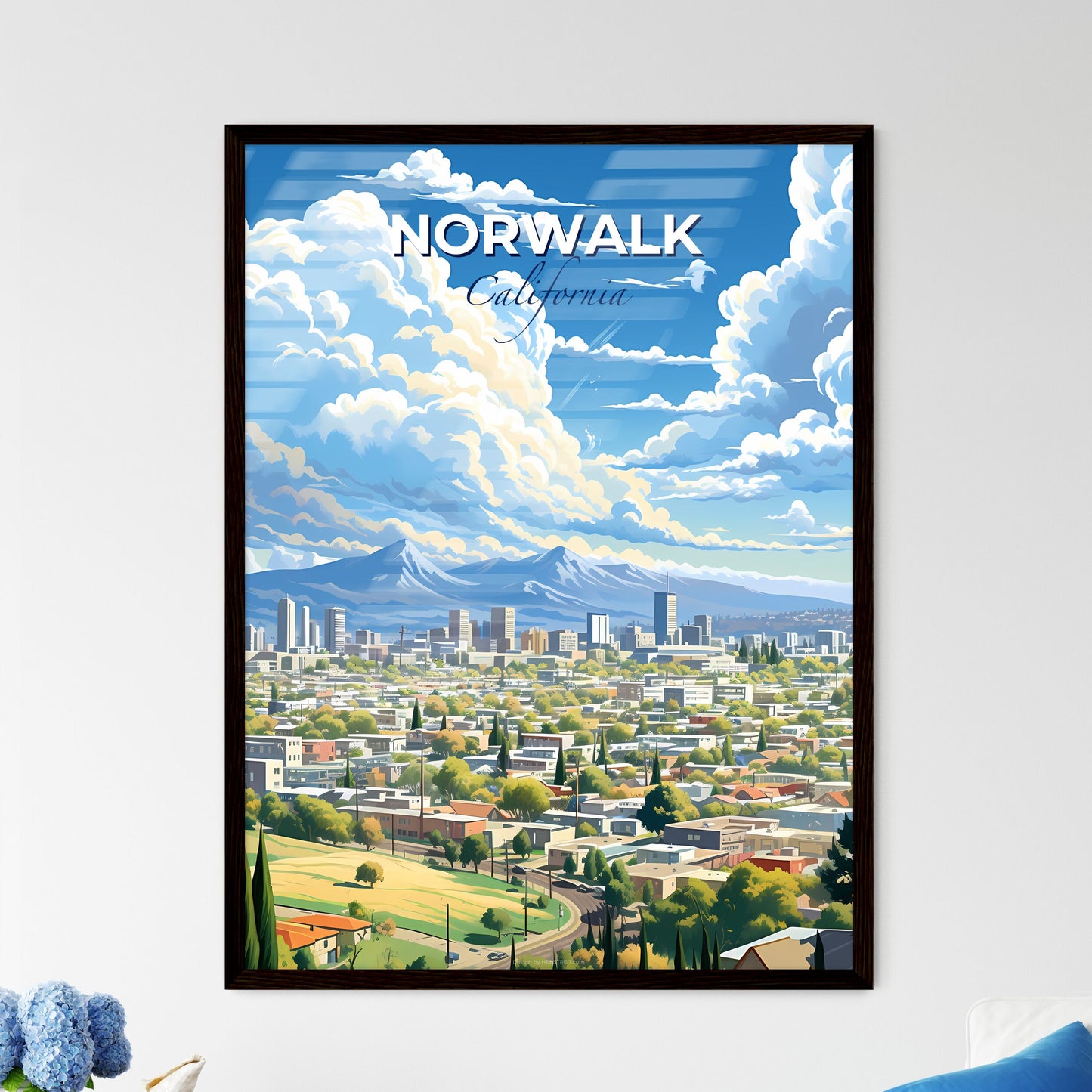 Norwalk, California, A Poster of a city with trees and mountains in the background Default Title
