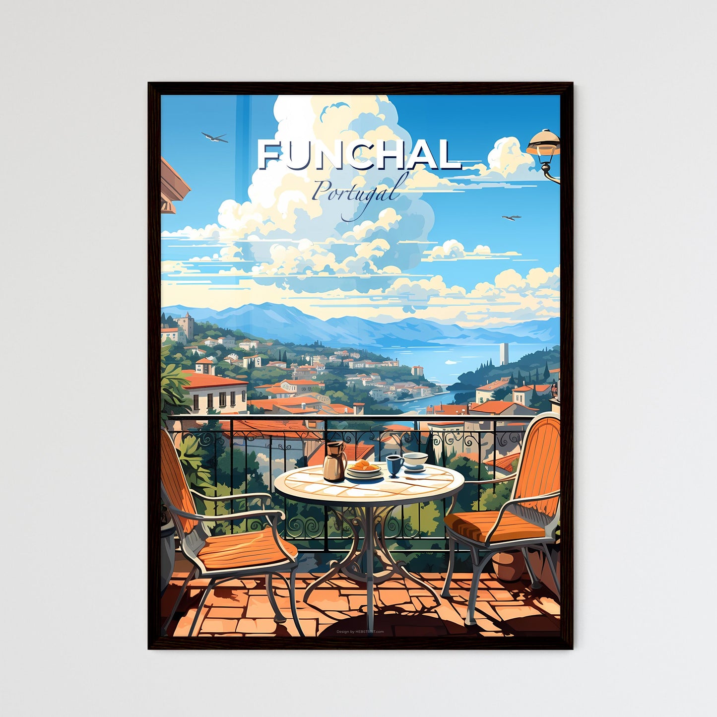 Funchal, Portugal, A Poster of a table and chairs on a balcony overlooking a city Default Title