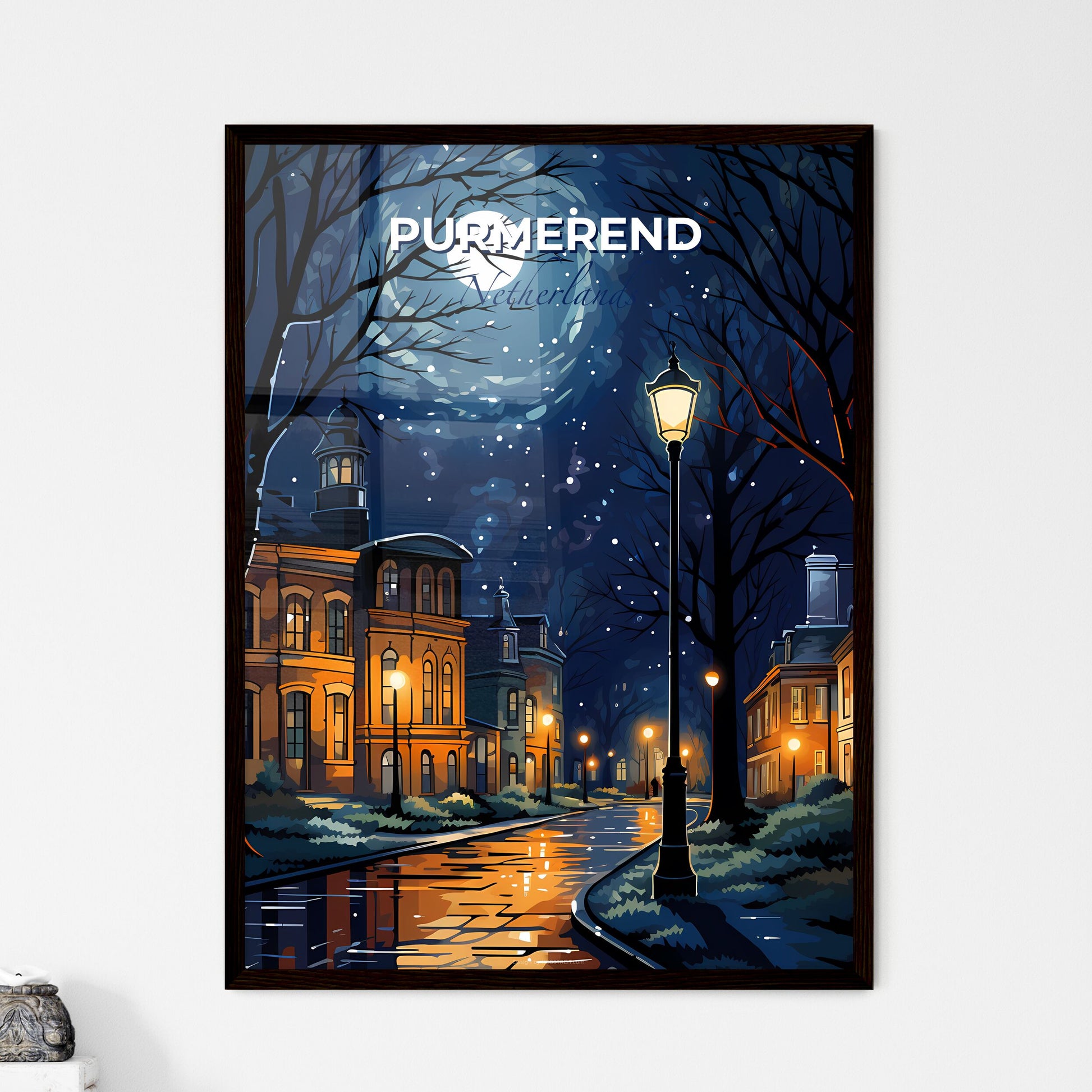 Purmerend, Netherlands, A Poster of a street with trees and a street lamp and a moon Default Title