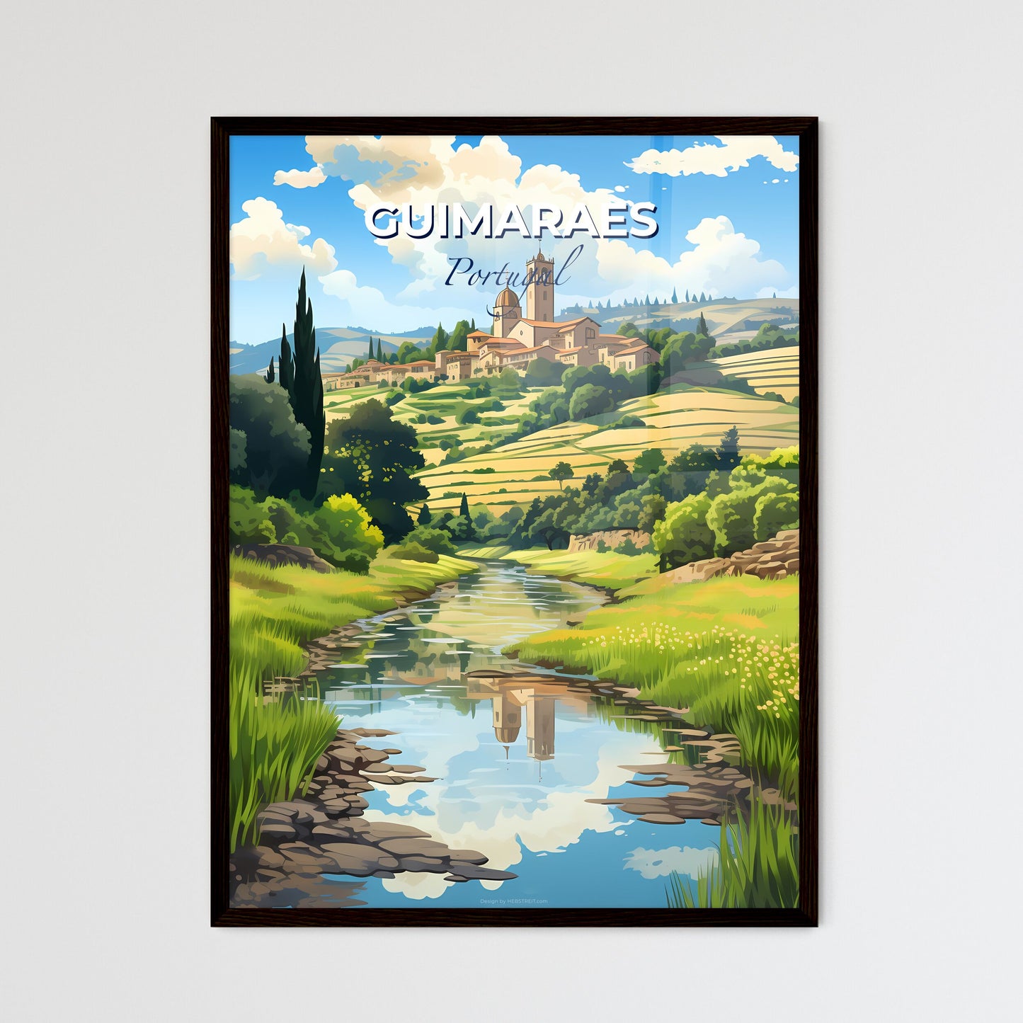 Guimaraes, Portugal, A Poster of a river running through a valley with a building and trees Default Title