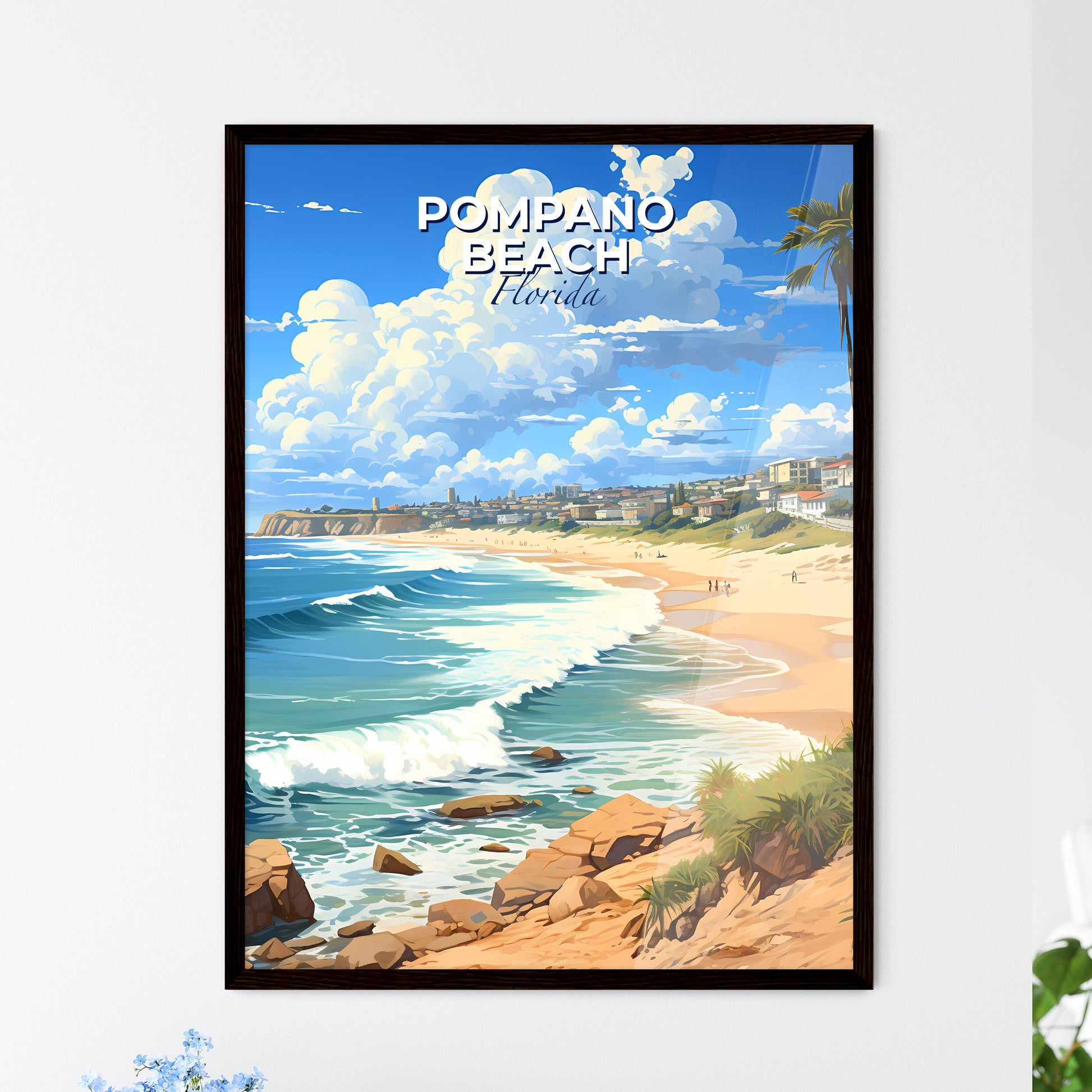 Pompano Beach, Florida, A Poster of a beach with palm trees and waves Default Title