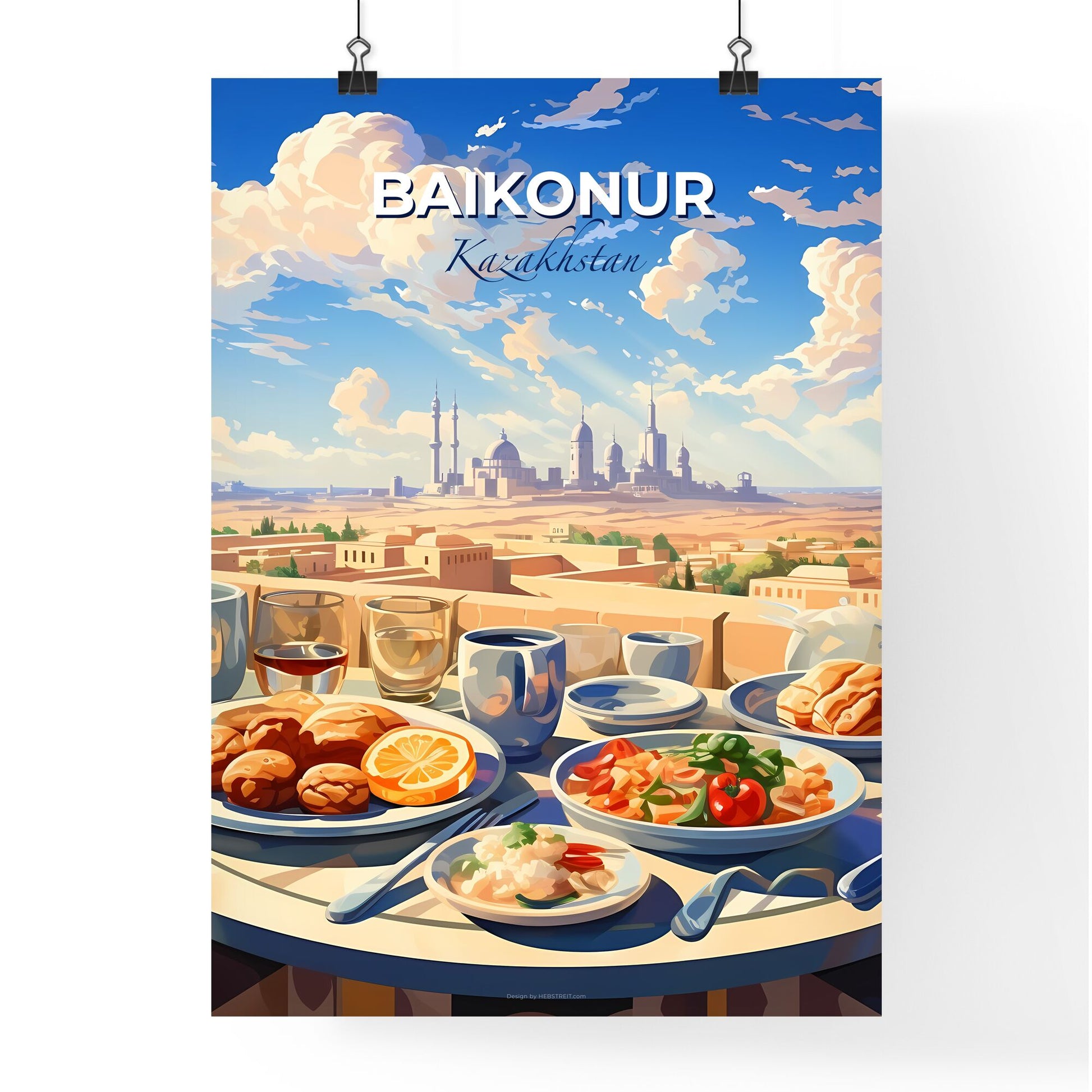 Baikonur, Kazakhstan, A Poster of a table with food on it and a city in the background Default Title