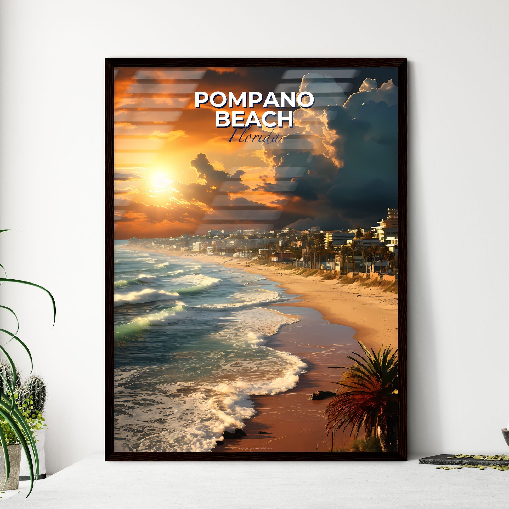 Pompano Beach, Florida, A Poster of a beach with buildings and waves Default Title