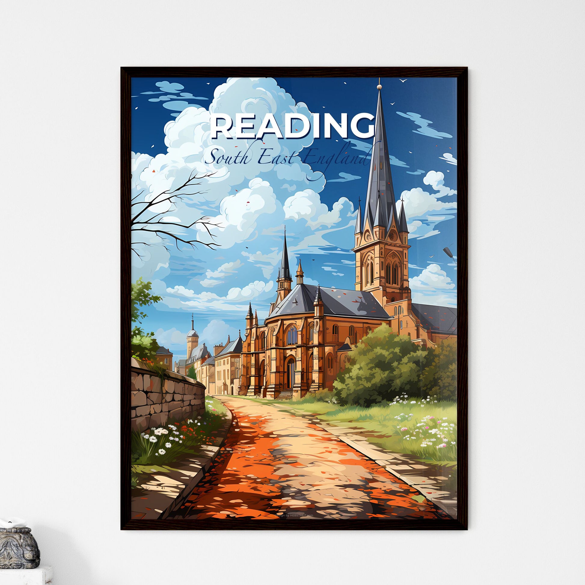 Reading, South East England, A Poster of a church with a steeple and trees Default Title