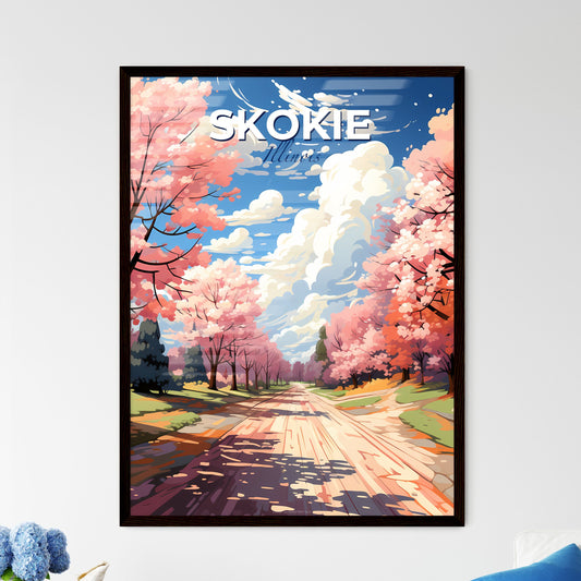 Skokie, Illinois, A Poster of a road with pink trees and blue sky Default Title