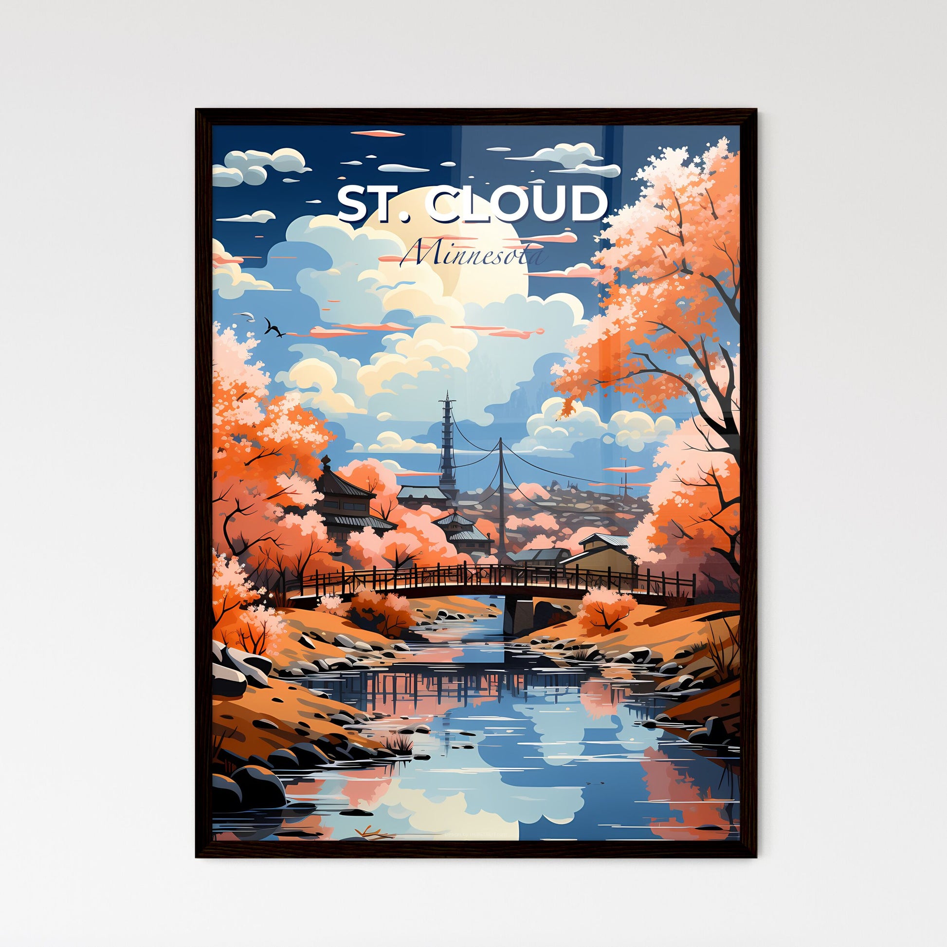 St. Cloud, Minnesota, A Poster of a painting of a river with a bridge and trees Default Title