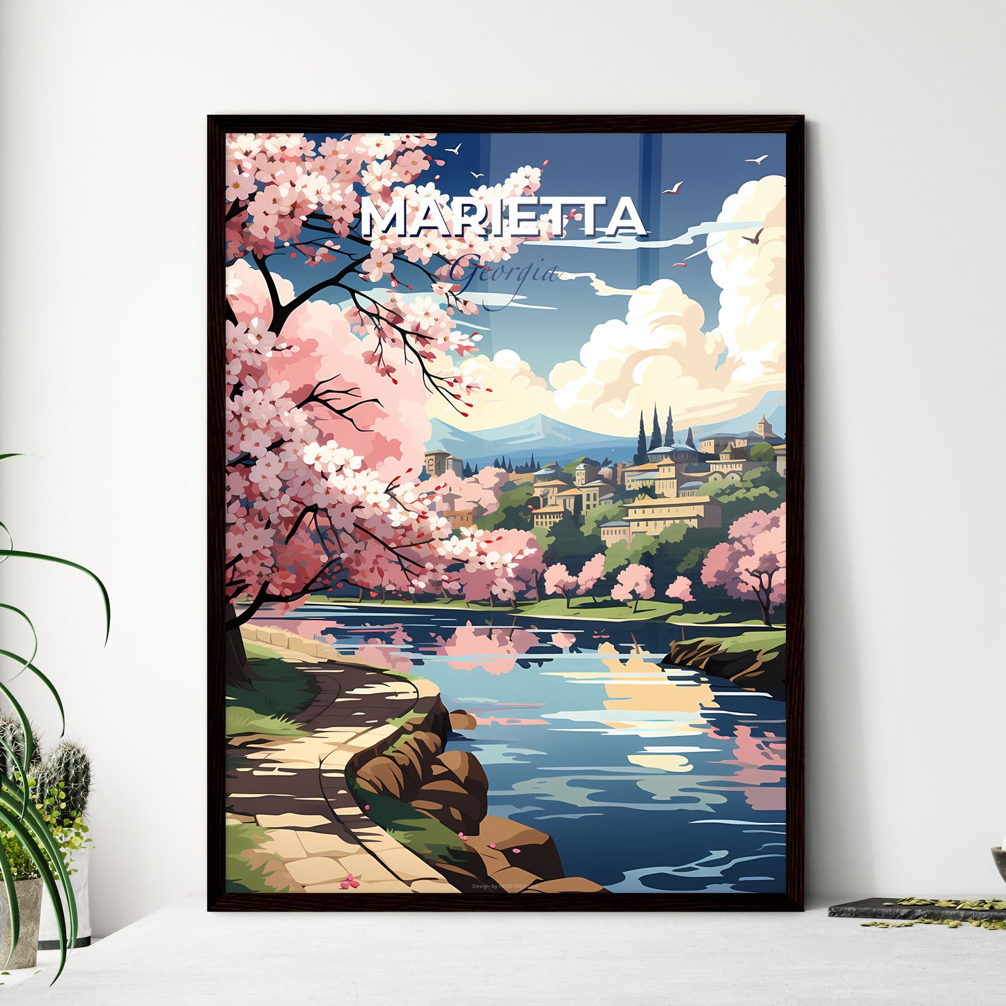 Marietta, Georgia, A Poster of a river with pink trees and buildings in the background Default Title