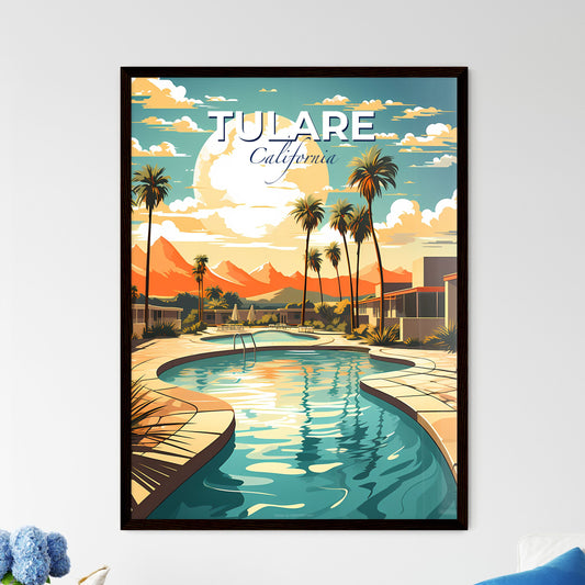 Tulare, California, A Poster of a pool with palm trees and mountains in the background Default Title