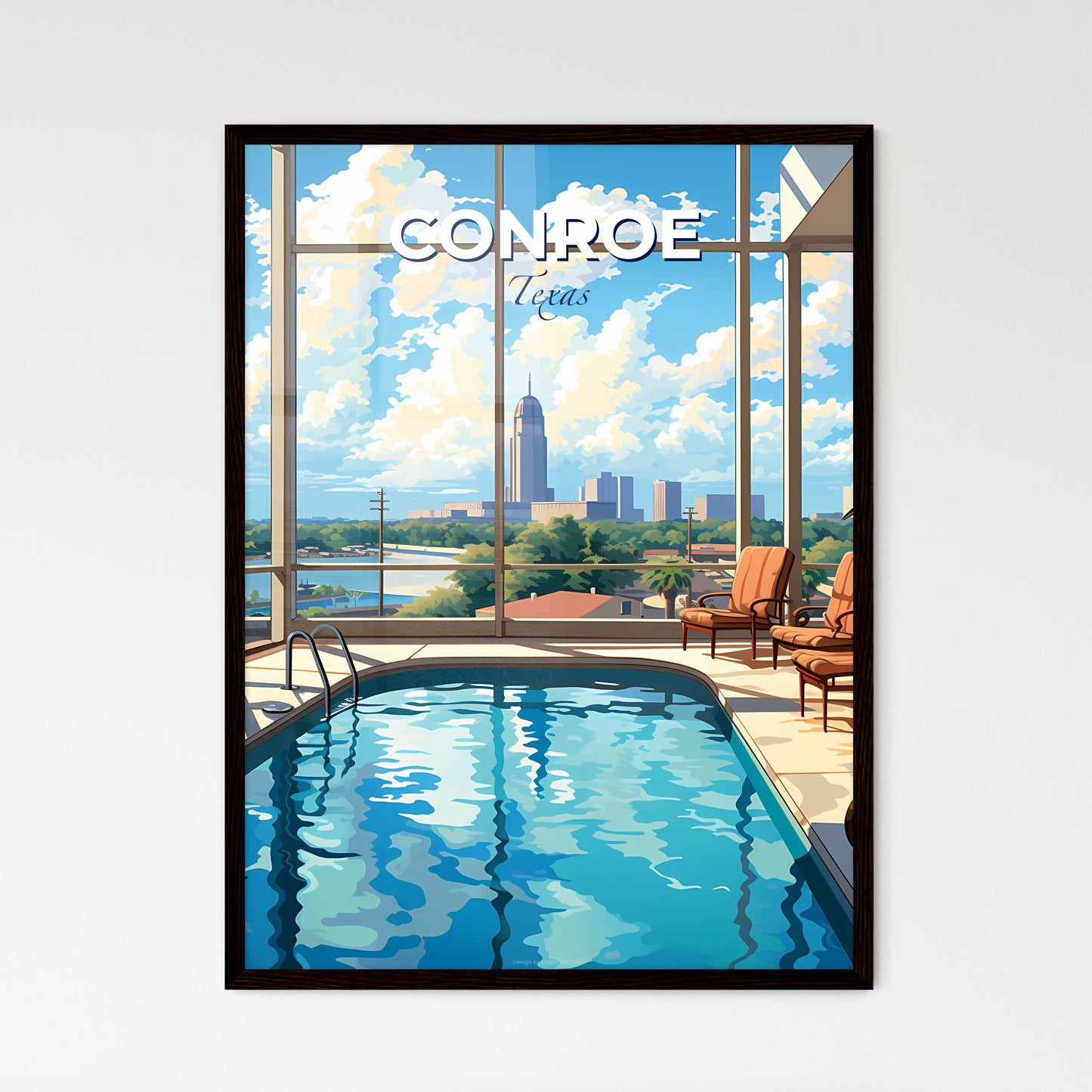 Conroe, Texas, A Poster of a swimming pool with chairs and a large window Default Title