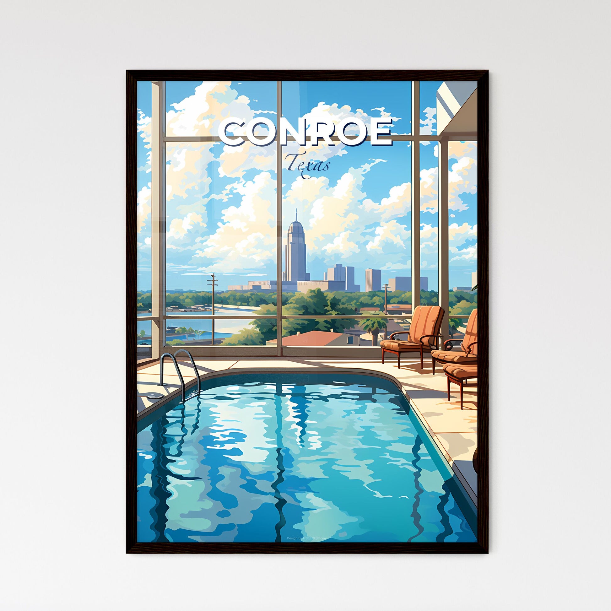 Conroe, Texas, A Poster of a swimming pool with chairs and a large window Default Title