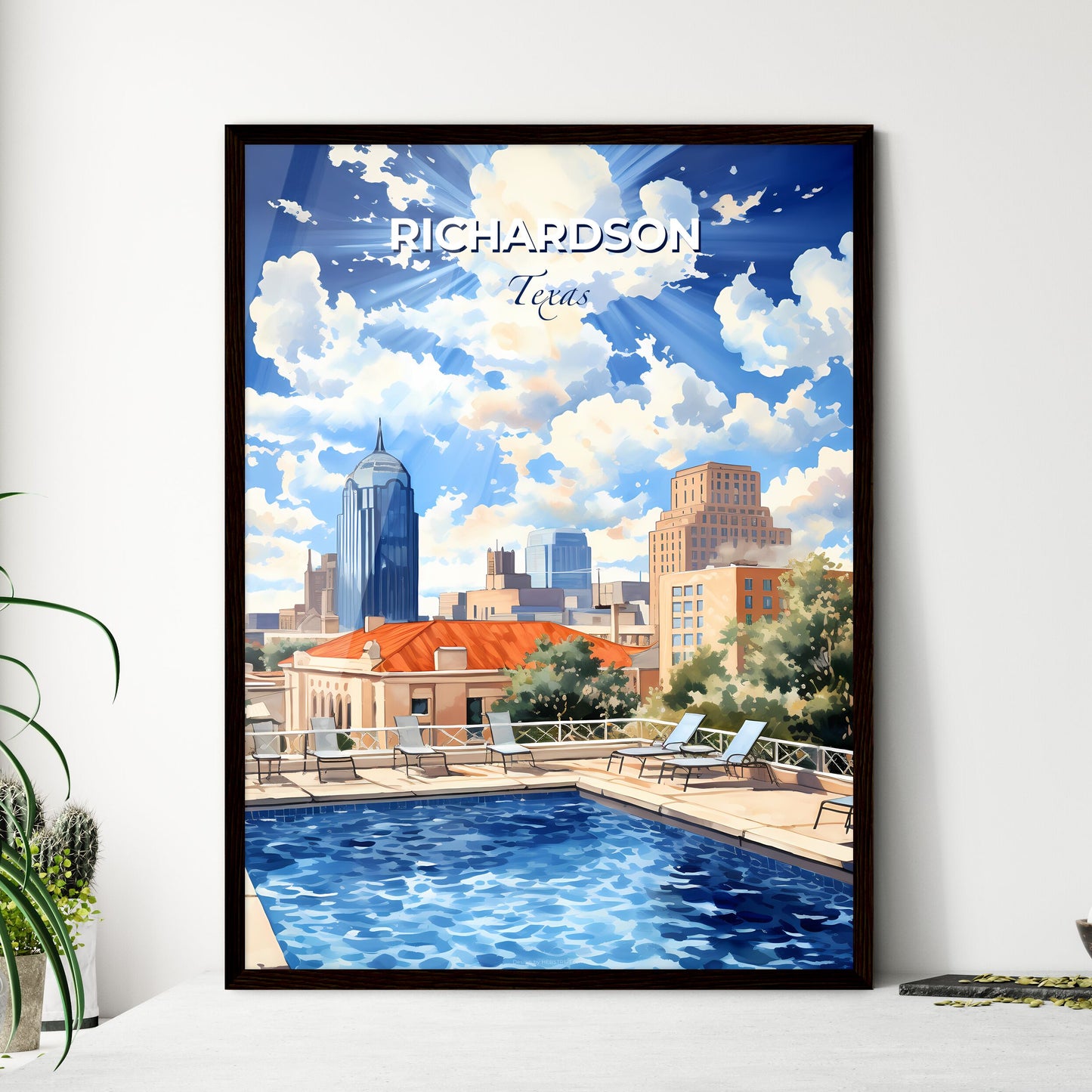 Richardson, Texas, A Poster of a pool with chairs and trees in front of a city Default Title