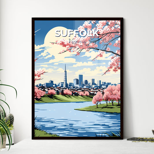 Suffolk, Virginia, A Poster of a river with pink blossoms and a city in the background Default Title