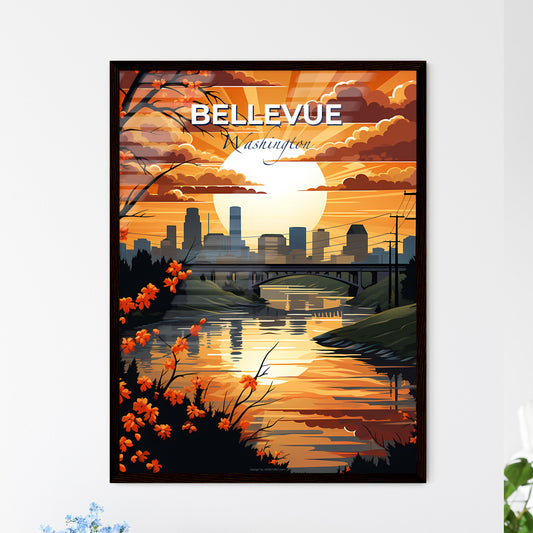 Bellevue, Washington, A Poster of a sunset over a river with a bridge and a city in the background Default Title