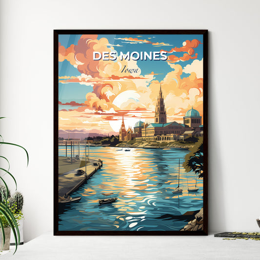 Des Moines, Iowa, A Poster of a water body with boats and buildings in the background Default Title