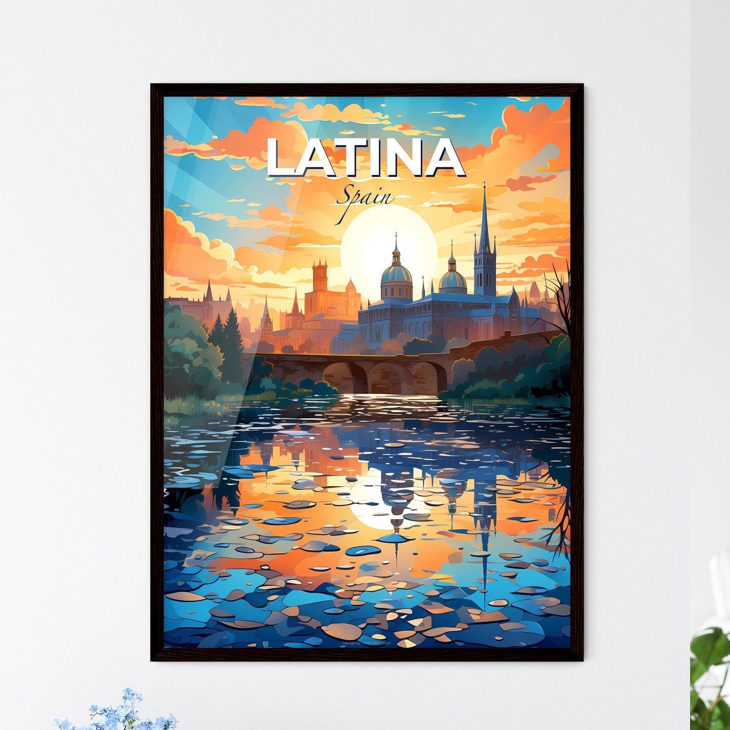 Latina, Spain, A Poster of a water body with a bridge and a city with a bridge and trees Default Title