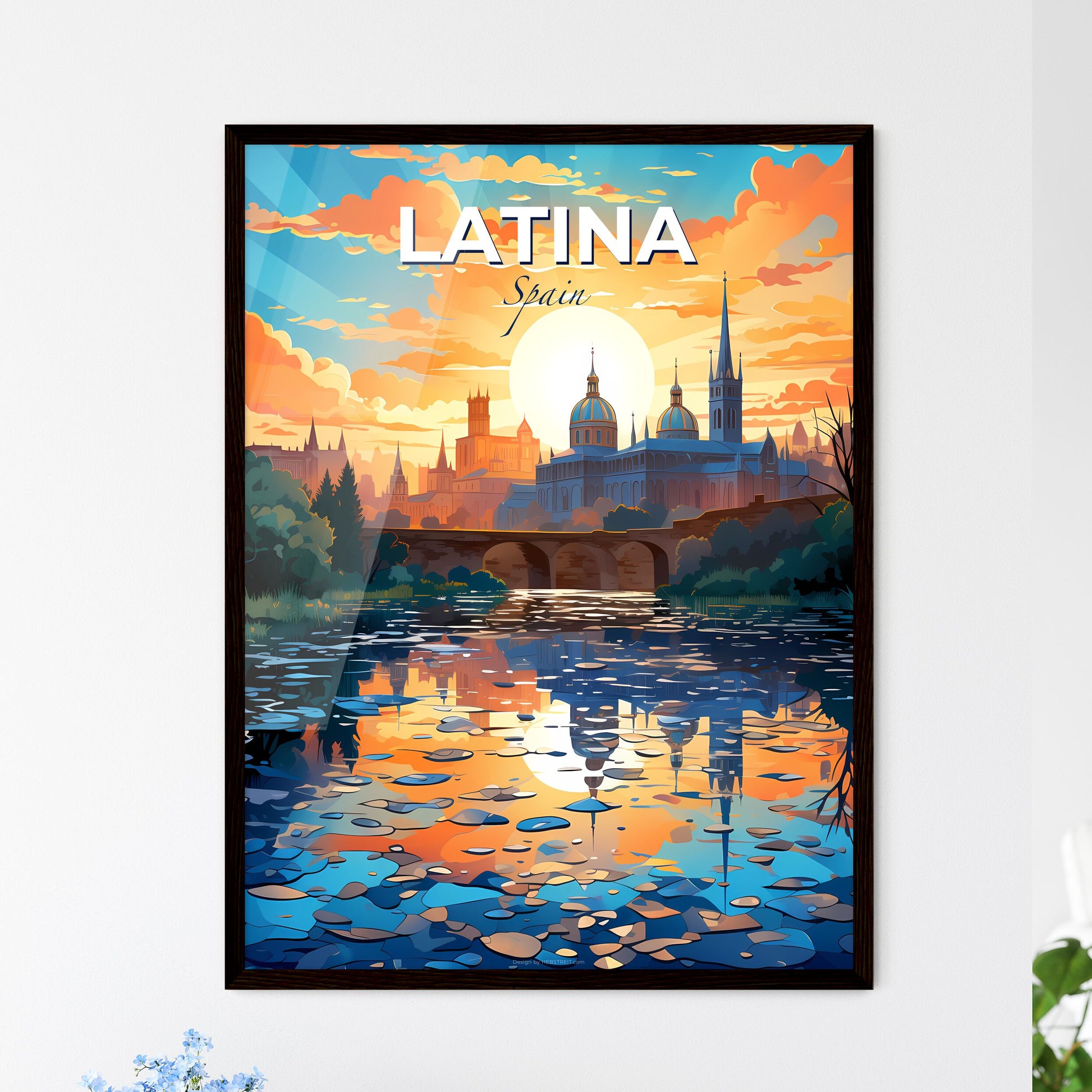 Latina, Spain, A Poster of a water body with a bridge and a city with a bridge and trees Default Title