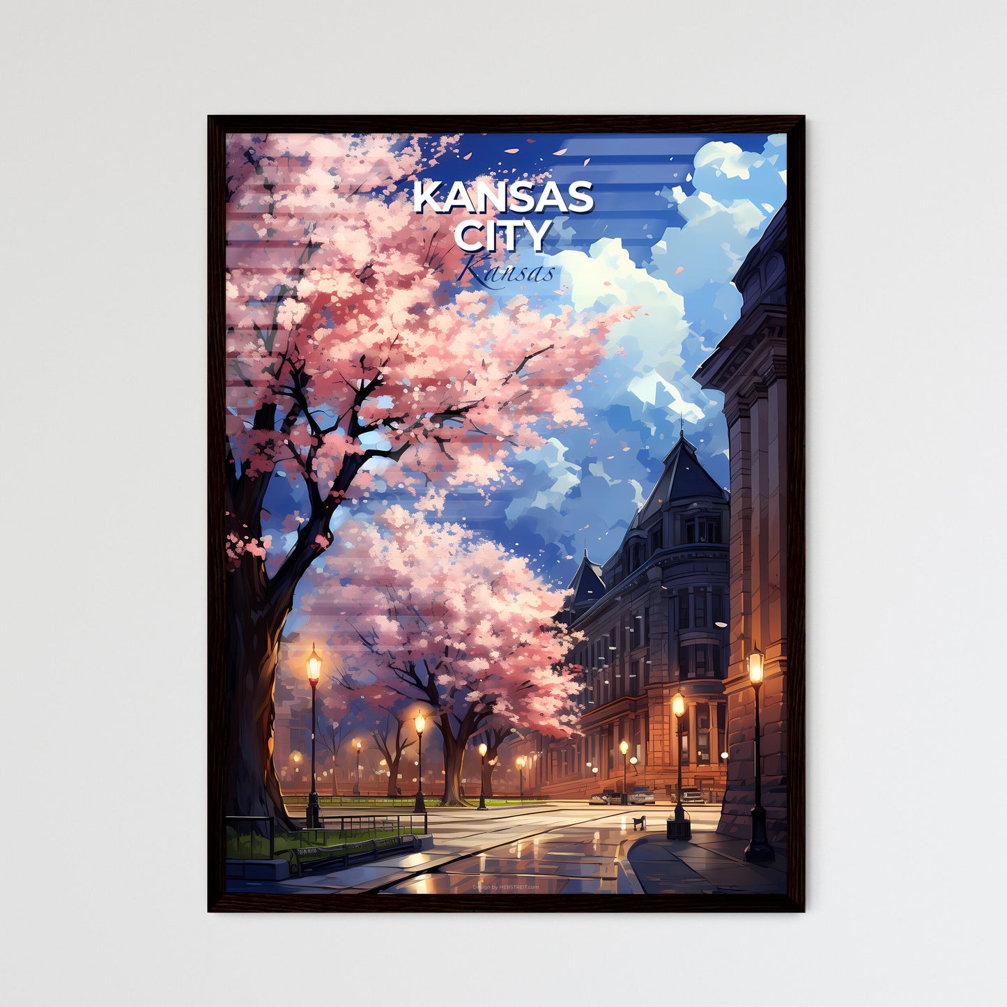Kansas City, Kansas, A Poster of a street with pink trees and buildings Default Title