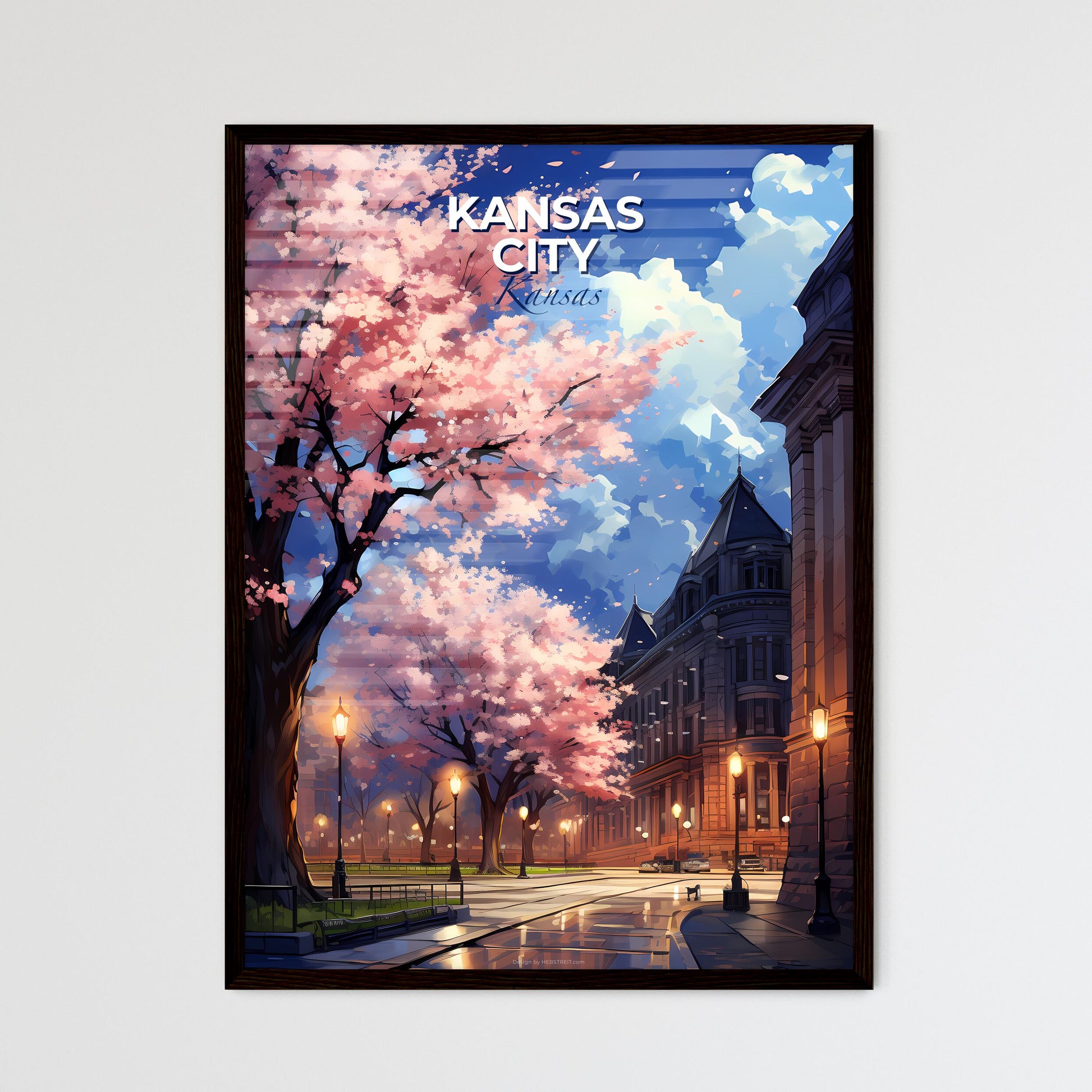 Kansas City, Kansas, A Poster of a street with pink trees and buildings Default Title