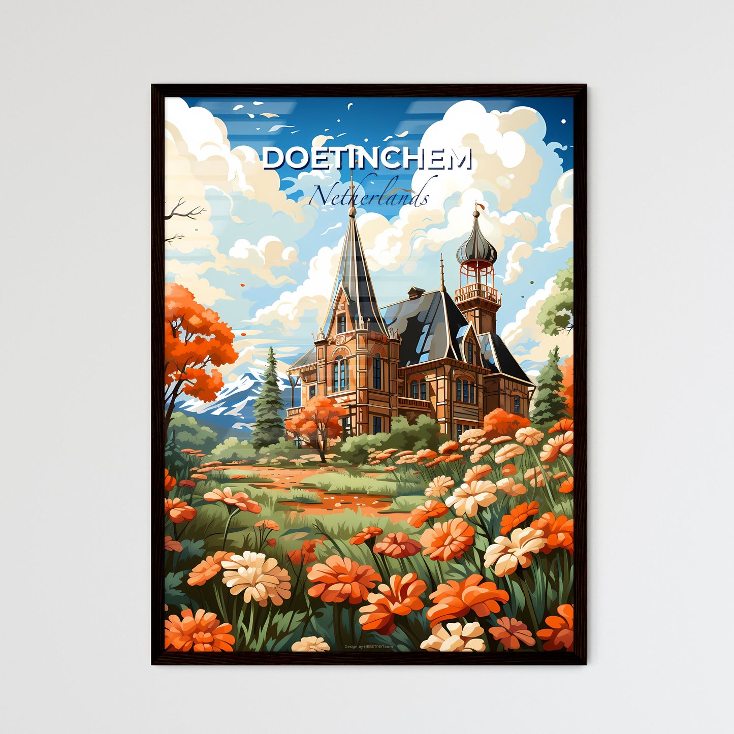 Doetinchem, Netherlands, A Poster of a painting of a castle with orange flowers Default Title