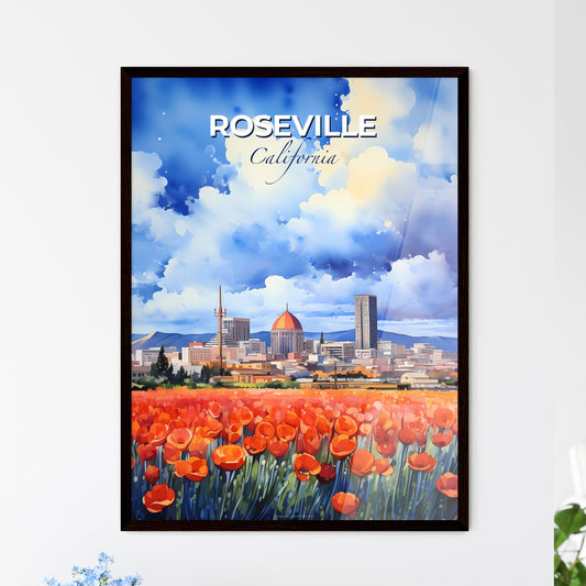 Roseville, California, A Poster of a field of red flowers with a city in the background Default Title