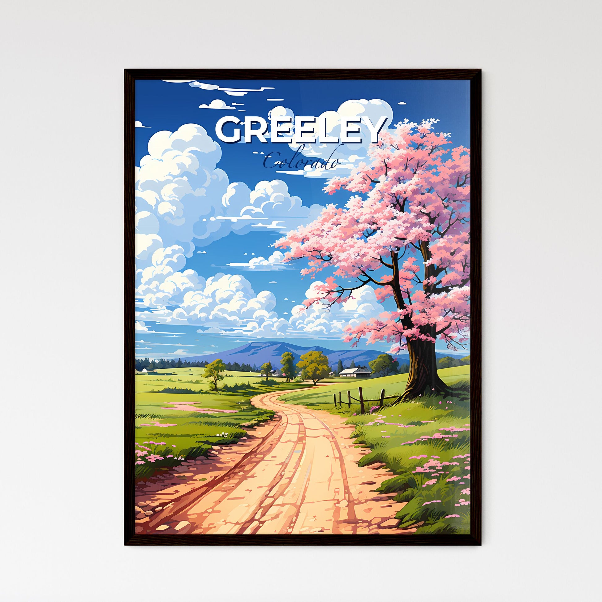 Greeley, Colorado, A Poster of a road with pink flowers and a tree Default Title