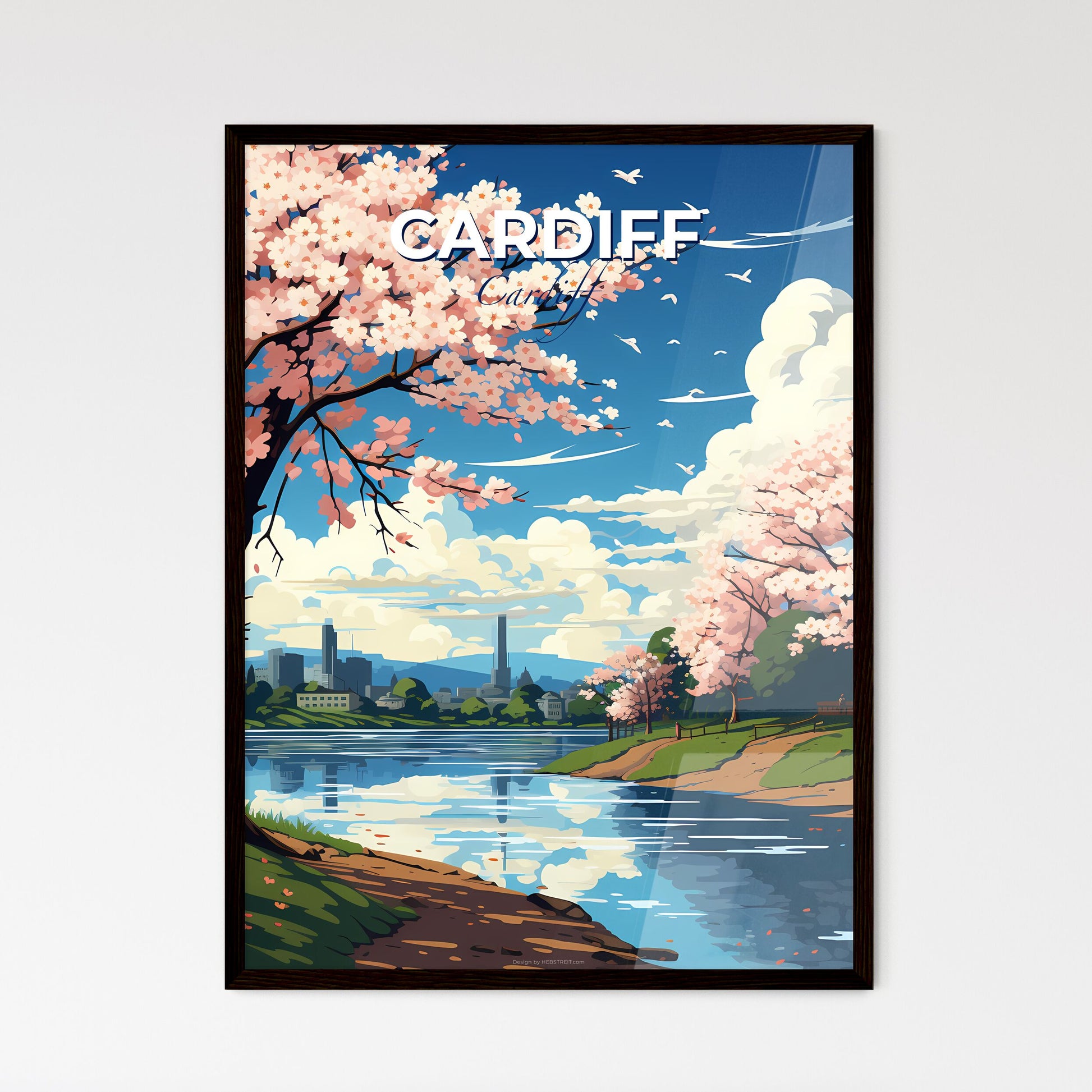 Cardiff, Cardiff, A Poster of a river with pink trees and a city in the background Default Title