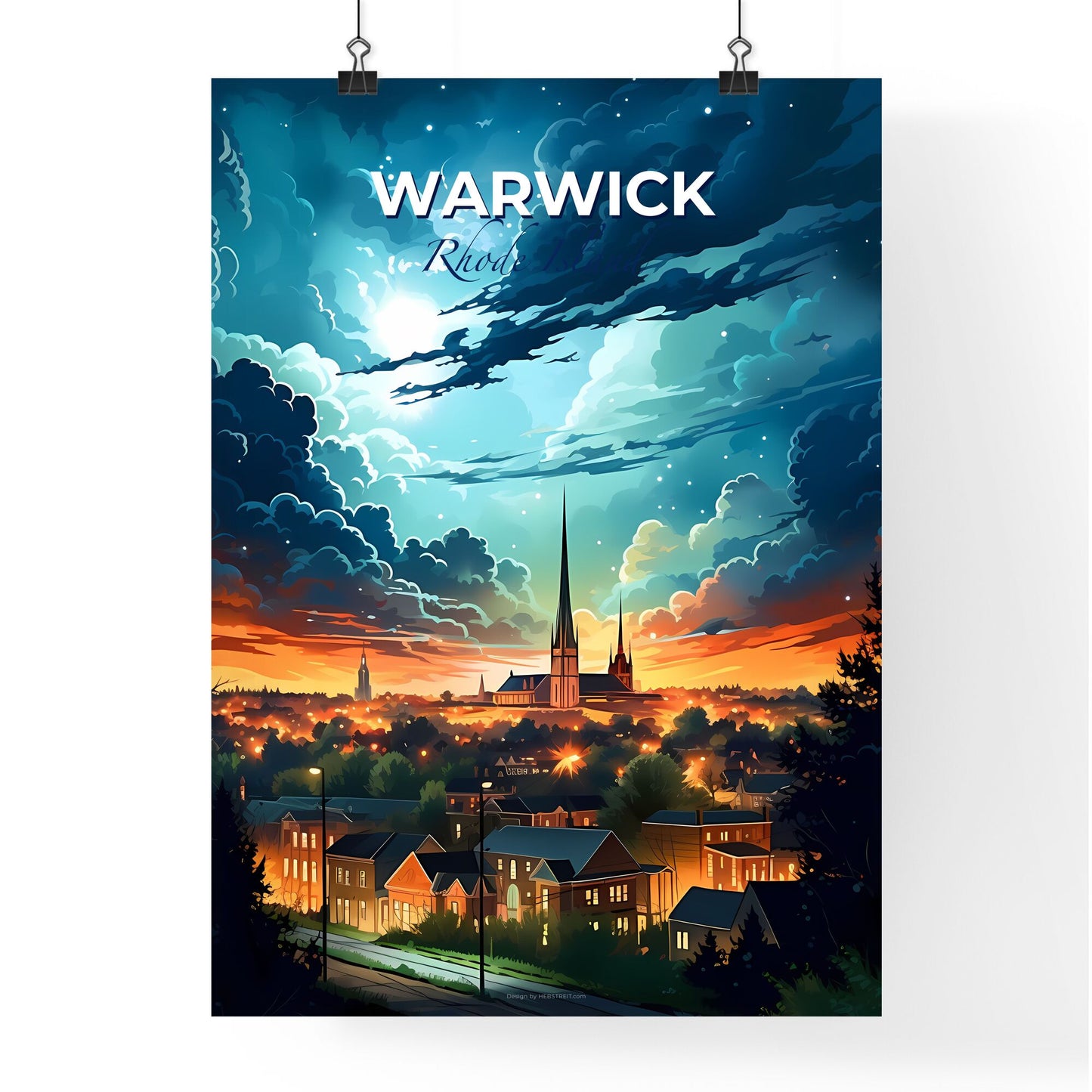 Warwick, Rhode Island, A Poster of a city at sunset with clouds and a church Default Title