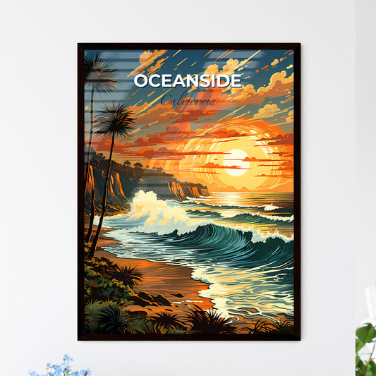 Oceanside, California, A Poster of a beach with waves and palm trees Default Title