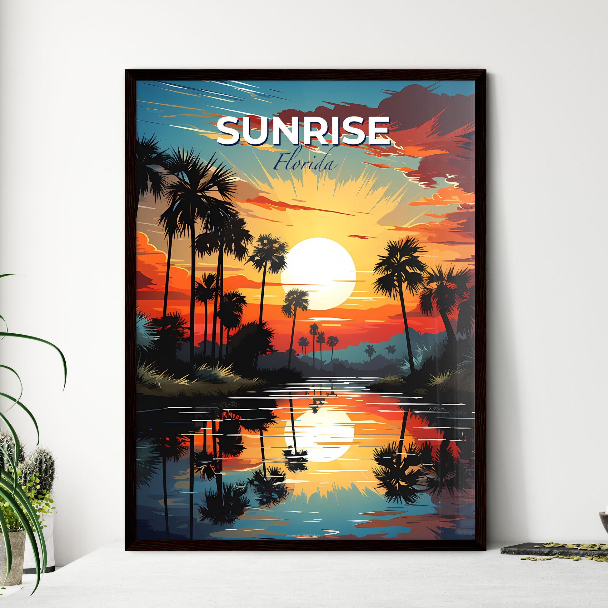 Sunrise, Florida, A Poster of a sunset over a river with palm trees Default Title