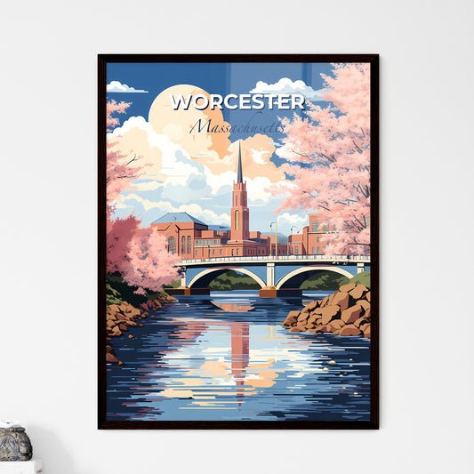 Worcester, Massachusetts, A Poster of a bridge over a river with pink trees and a building Default Title