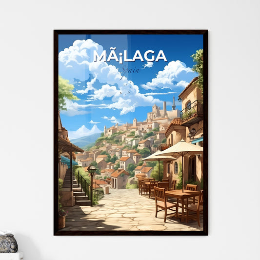 Mã¡Laga, Spain, A Poster of a street with tables and chairs on a hill with buildings and trees Default Title