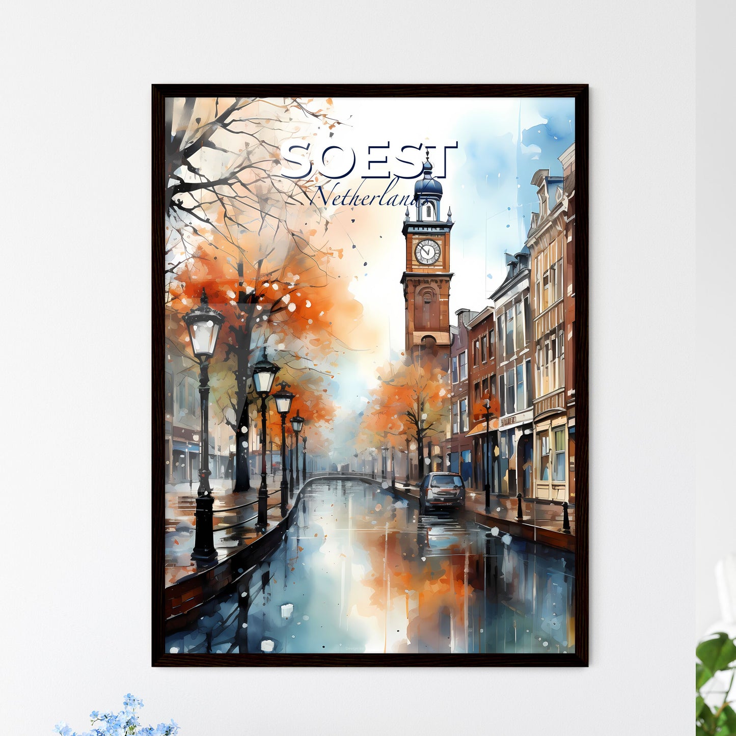 Soest, Netherlands, A Poster of a watercolor painting of a street with a clock tower Default Title