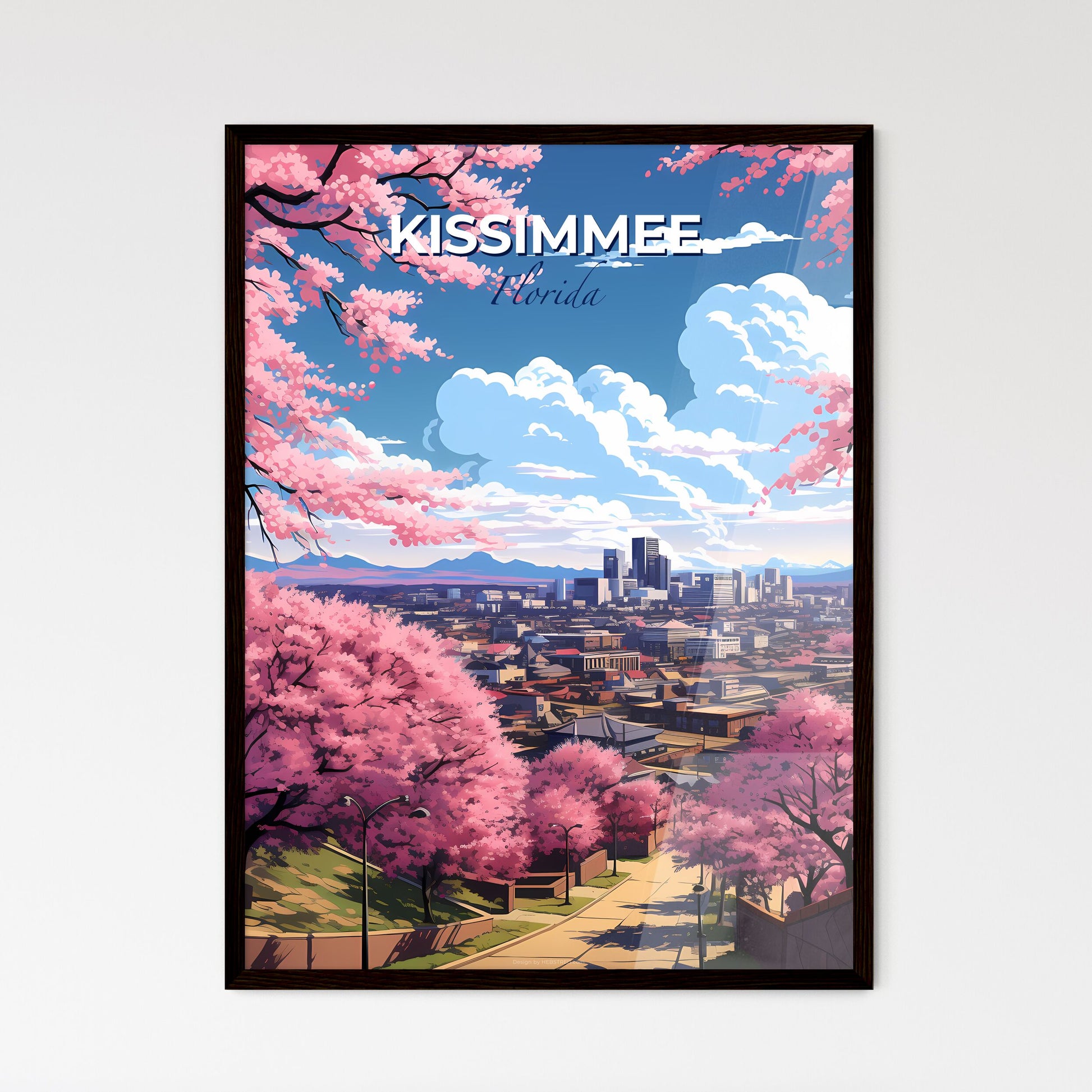 Kissimmee, Florida, A Poster of a city with pink trees and buildings Default Title