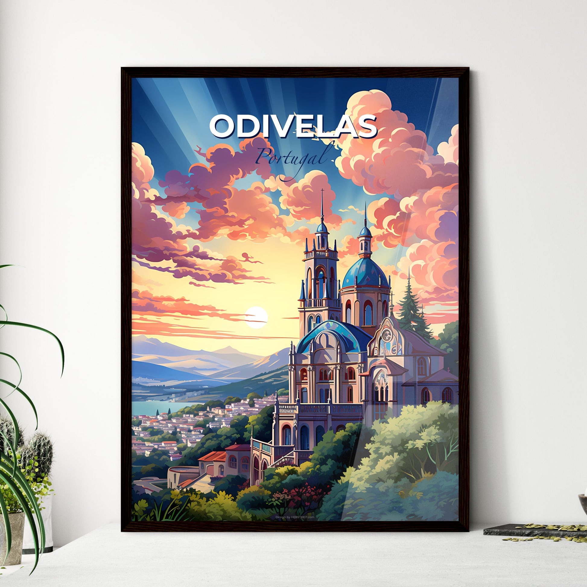 Odivelas, Portugal, A Poster of a building with a blue dome and a blue roof with trees and a cloudy sky Default Title