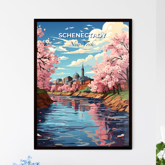 Schenectady, New York, A Poster of a river with pink trees and a building in the background Default Title